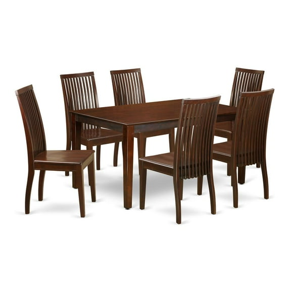 East West Furniture Capri 7-piece Wood Dining Table and Chairs in Mahogany
