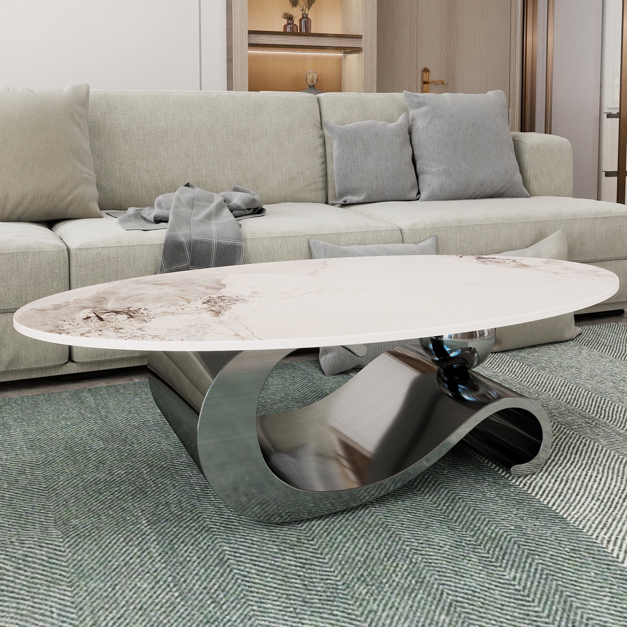 HIUU White Marble Coffee Table for Living Room,Oval Coffee Table with Grey Stainless Steel Base for Living Room