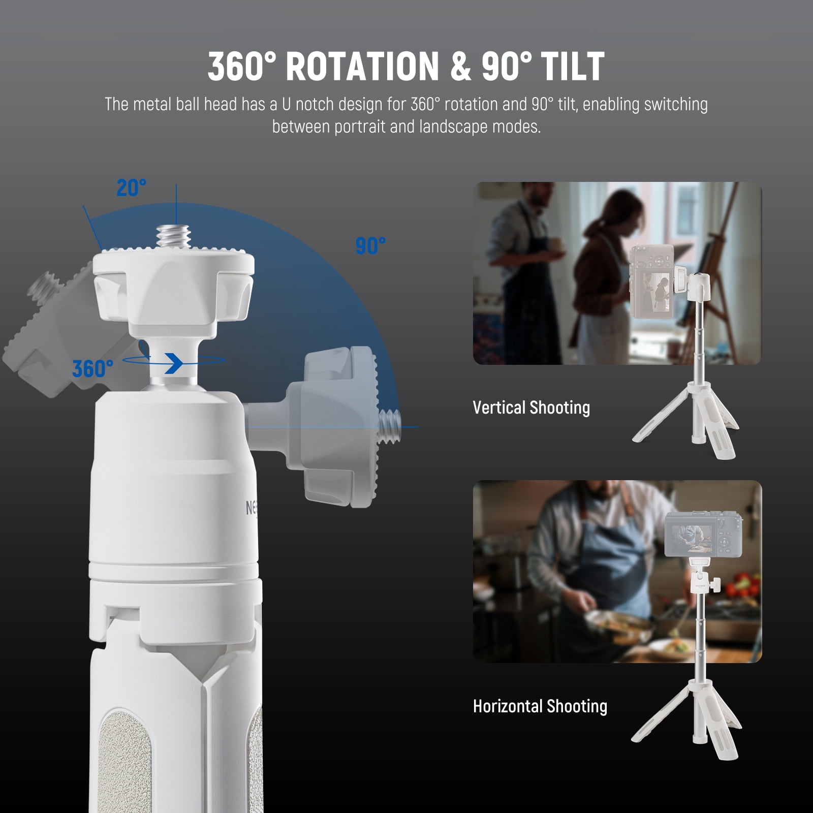 Neewer TP43 Mini Desktop Tripod - 360° Ball Head, for iPhone/GoPro/Insta360/DJI, Metal Stand for Webcam/Vlogging (White)