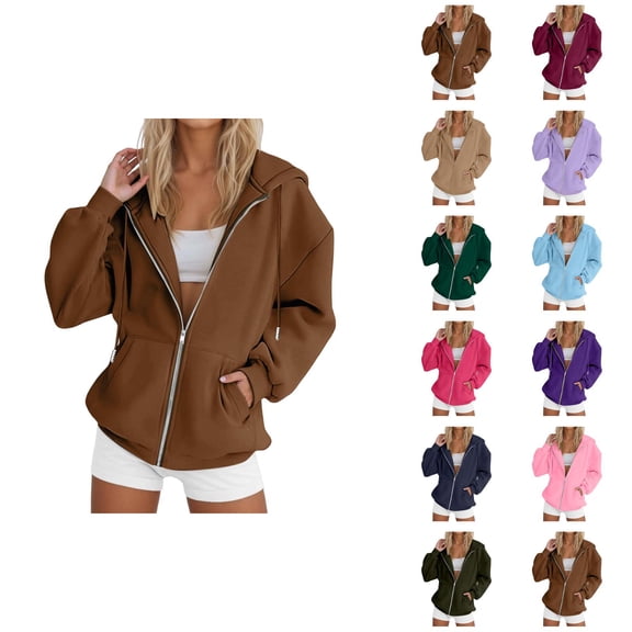 Women's Zip Up Plain Hoodie 2026 Trendy Long Sleeve Solid Color Hooded Sweatshirt with Pockets Jacket Outerwear