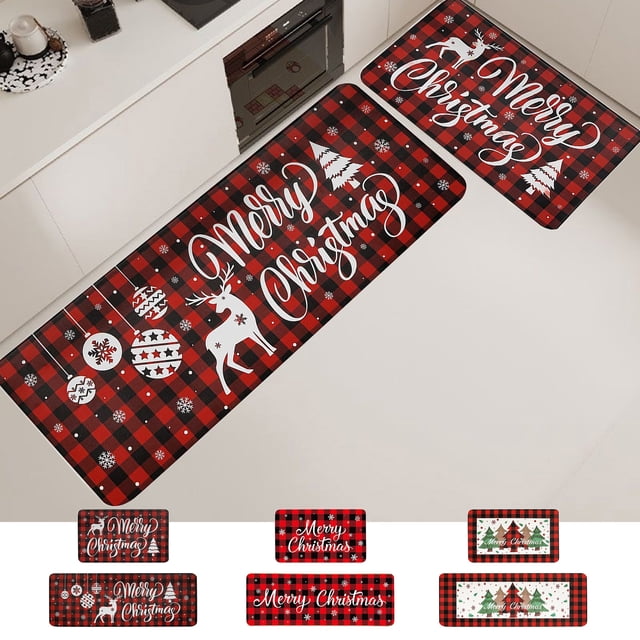 MTBLYS 2 Pcs Christmas Kitchen Rugs and Mats for Floor Non-Slip Backing Merry Christmas Kitchen Decor Xmas Rug Sets 16X24In+16X48In Low Pile Polyester Entryway Mat Home