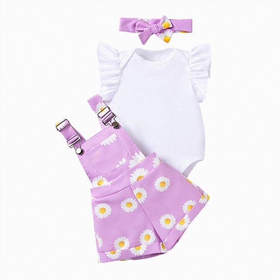enyan Newborn Girl Outfits Short Sleeve Romper Overall Dress With Headband Set 0M 3M 6M 12M 18M Summer Newborn Baby Outfits Purple,6-9 Months