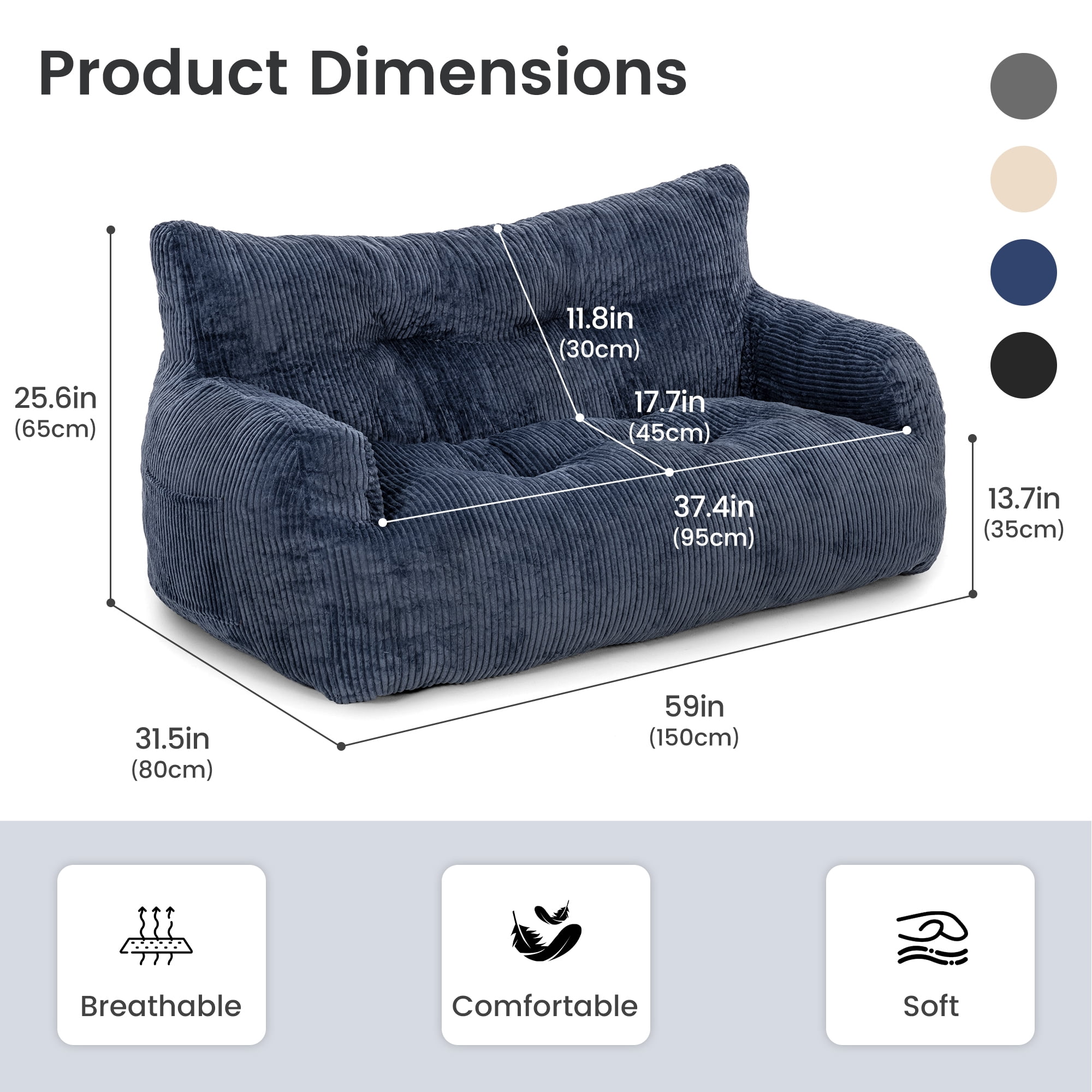2-Person Foam Filled Bean Bag Chair, Plush Corduroy Lazy Sofa