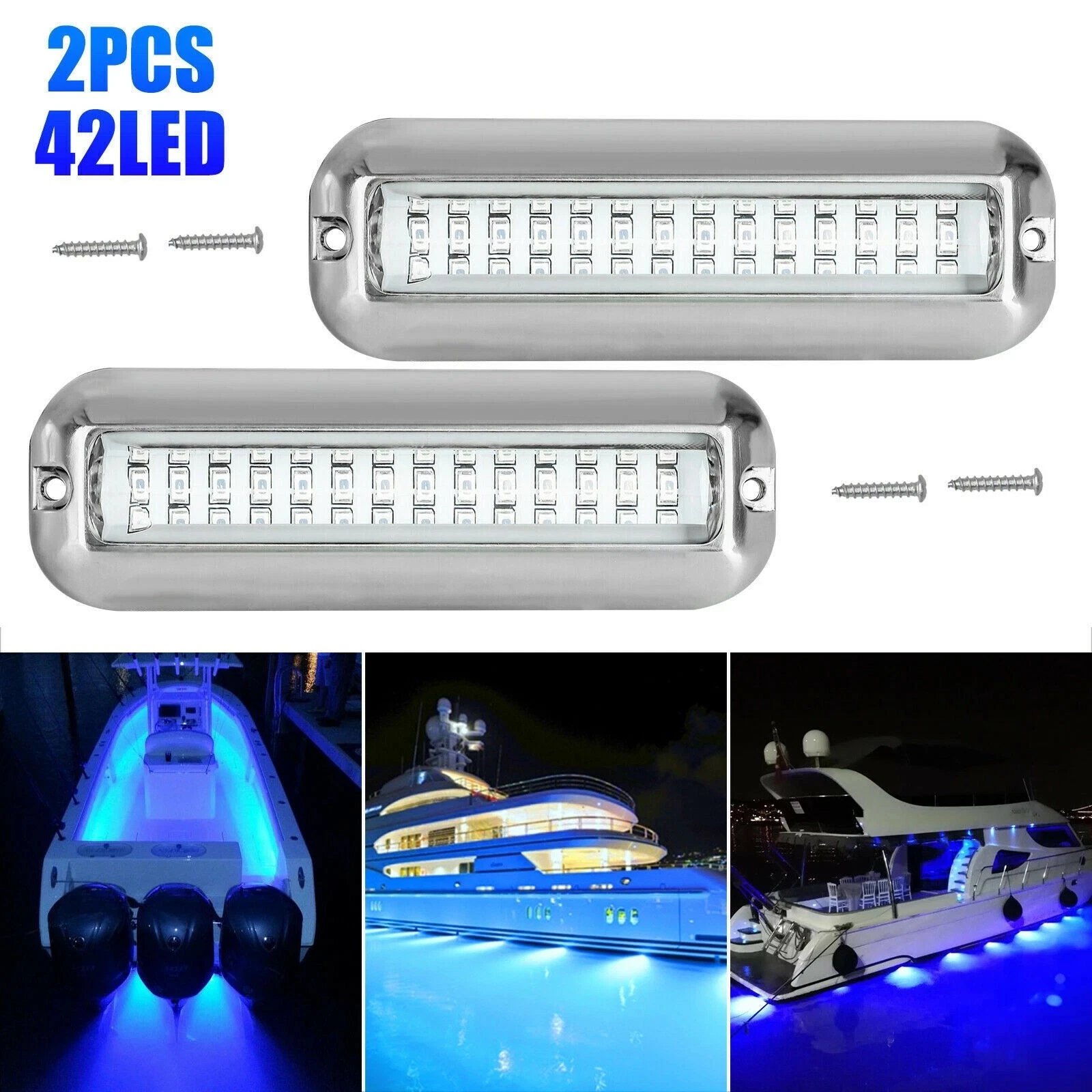 Aniceparthy  42LED 1500LM Marine Led Lights for Boat Underwater (Blue), 2PCS, 5.1inch, IP68, 316 Stainless Steel, Surface Mount for Yacht Pontoon Sailboat Kayak Skiff Bass Boat Fishing