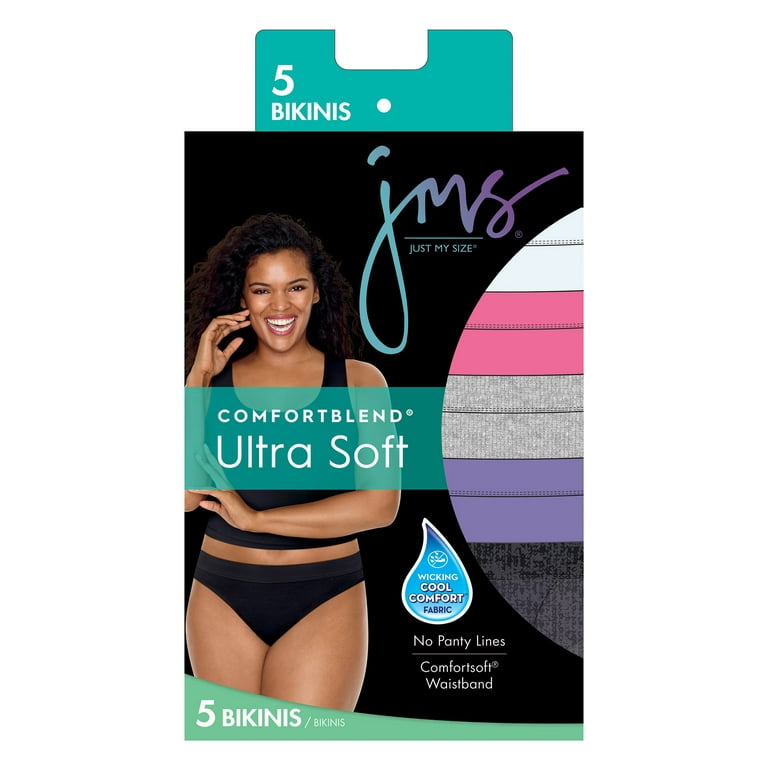 Just My Size JMS Cool Comfort Pure Bliss Bikinis, 5-Pack Assorted 9 Women's  