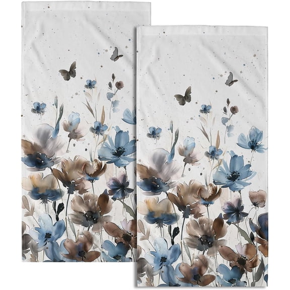 Watercolor Brown Blue Floral Hand Towel Set of 2, Wildflower Butterfly Decorative Bathroom Multipurpose Towels for Yoga Gym Spa Hotel Kitchen 14.4 x 28.3 Inch