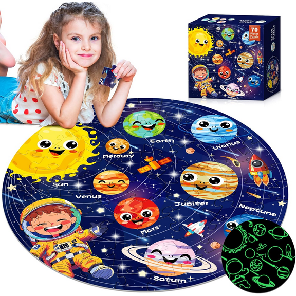 Glow in The Dark Solar System Puzzle for Kids Ages 3-8, 70-Piece Space Jigsaw Floor Puzzle, Educational Toy Gift for Boys & Girls