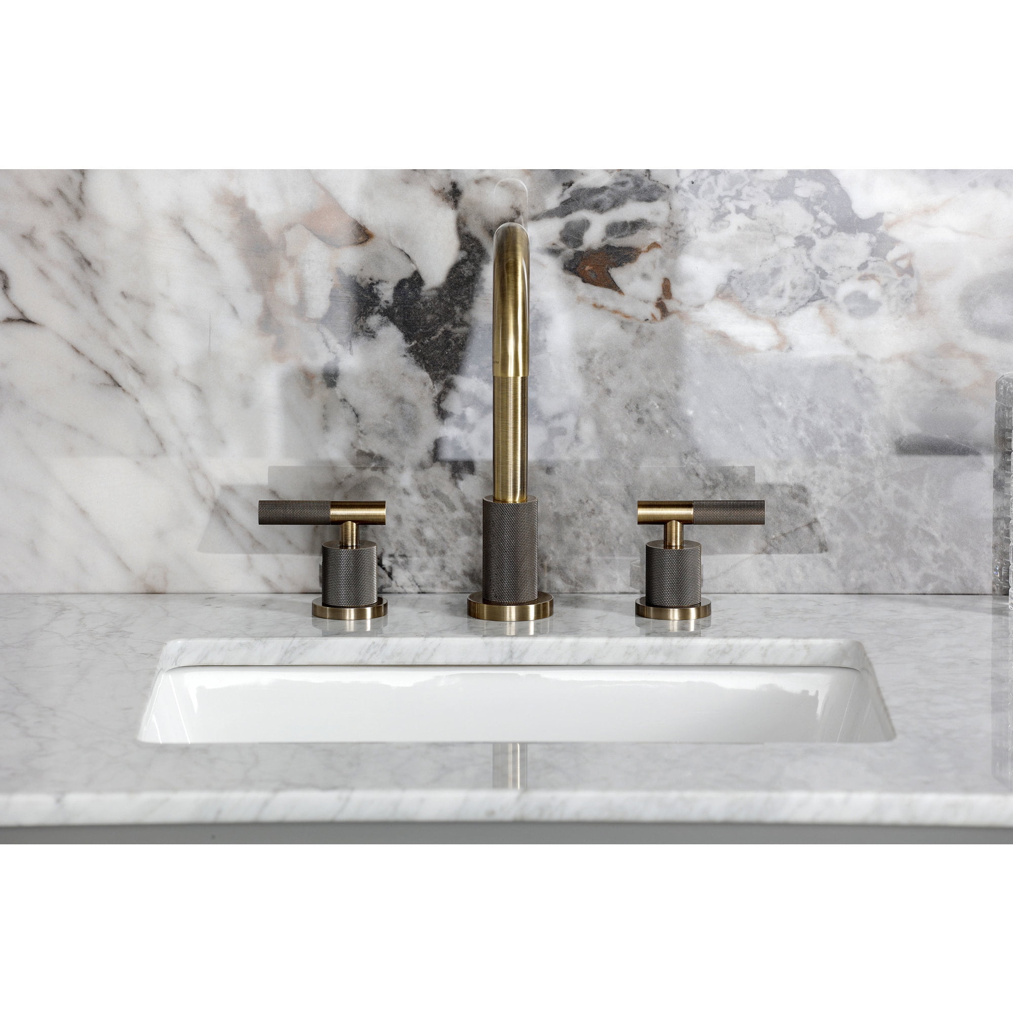 Kingston Brass FSC892KNLAB Convergent Two-Handle 3-Hole Deck Mount Widespread Bathroom Faucet with Knurled Handle and Brass Pop-Up in Antique Brass