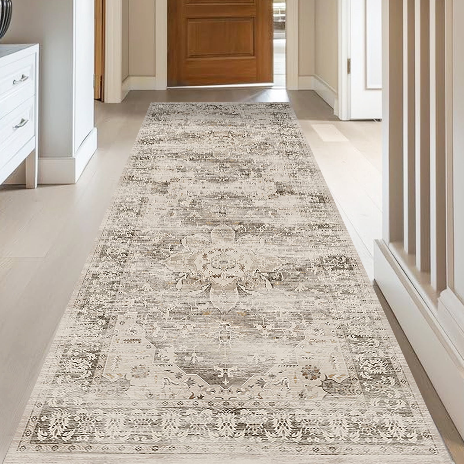 Beige Washable Runner Rugs for Entryway 2x6 Non-Slip Hallway Runner Rugs Vintage