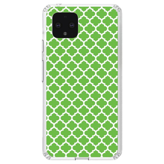 DistinctInk Clear Shockproof Hybrid Case for Google Pixel 4 (5.7" Screen) - TPU Bumper, Acrylic Back, Tempered Glass Screen Protector - Green White Moroccan Lattice