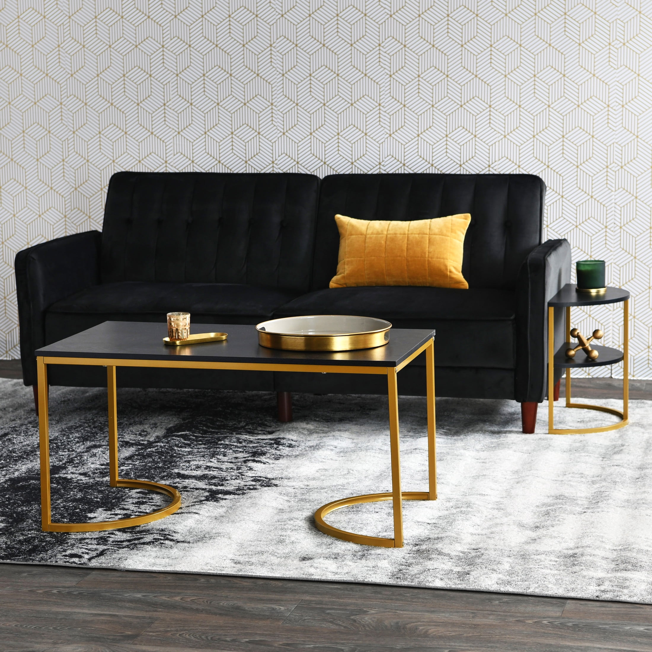 Household Essentials Half Moon Side End Table with Storage Shelf Black Oak Wood Grain and Gold Metal