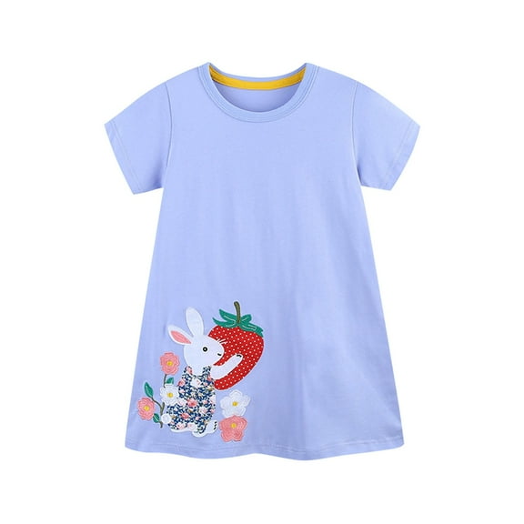 Gpaecead Toddler Girls Short Sleeve Dresses Rabbit Printed Cotton Casual Basic Knit Shirt Sundress with Pockets 6 Years Purple