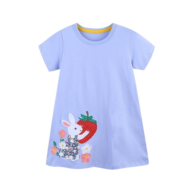Odeerbi Vestido de Algodón Con Bordado de Dibujos Animados Para Niñas Vestido de Verano En Línea A-Línea de Vestido de Los Niños de Color Sólido de Punto Vestido de Manga Corta