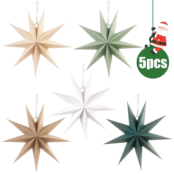 Sage Green Paper Star 12" 9-Pointed Hanging Decorations 5-Pack for Home, Party, Wedding, Holiday Décor