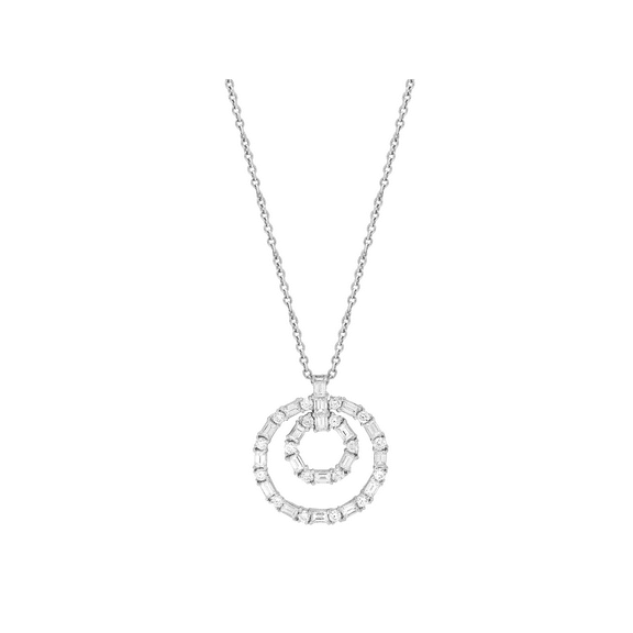 1.70Cttw Baguette & Round Diamond Double Ring Pendant Necklace 18K White Gold