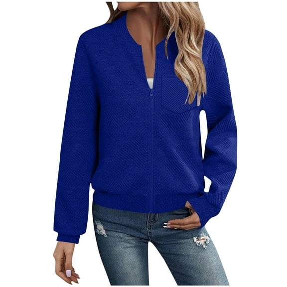 YUGYXL Bomber Jacket for Women Textured Lightweight Zip Up Jackets Casual Stand Collar Zipper Coat Fall Fashion Outerwear Top Blue M