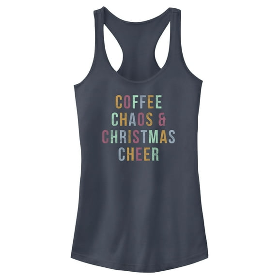 Junior's Lost Gods Distressed Coffee Chaos Christmas Racerback Tank Top Indigo X Small