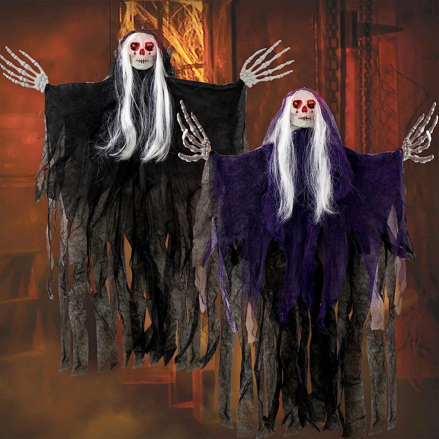 GuassLee 2 Pack Halloween Hanging Skeleton Ghost Decorations - 37” Led ...