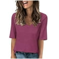 thumbnail image 2 of Blmnix Elbow-Length Womens Tops Trendy Purple Basic V-Neck Loose Solid Blouse Blouses 2024, 2 of 6