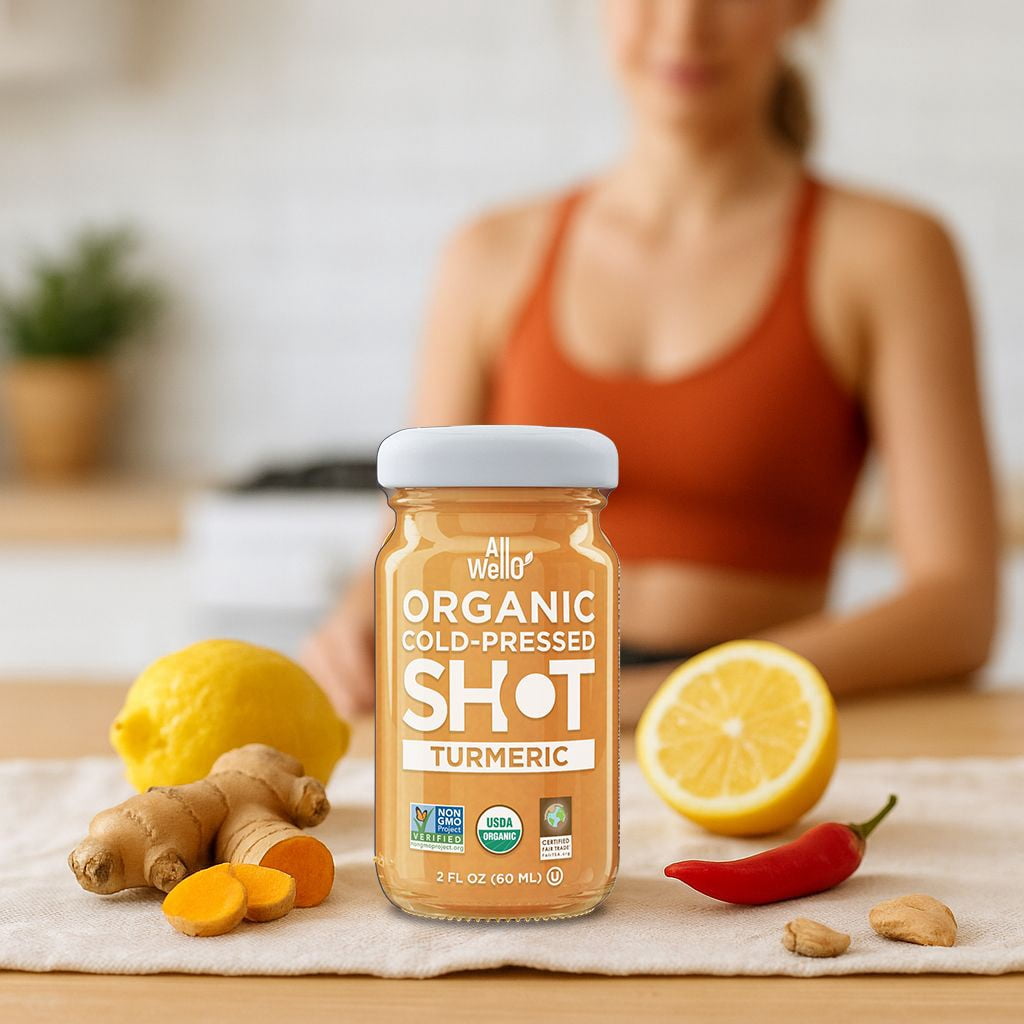 (6 pack) AllWellO Organic, Cold Pressed Turmeric Shots, 2 fl oz Glass Bottles, 3 Pack