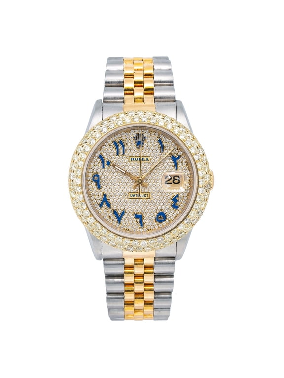 Pre-Owned Rolex Datejust 36MM 16233 Diamond Paved Blue Eastern Arabic Dial Diamond Bezel Two Tone Yellow Gold Jubilee Bracelet 4.75ct