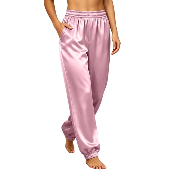 Aofany Womens Silk Satin Pajama Pants Loose Lounge Pants Drawstring Elastic Waist Pj Bottoms with Pockets