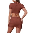 thumbnail image 3 of Conjuntos de bikini de tirantes con nudo para mujer INSPIRE CHIC de 4 piezas, conjunto de cubierta de manga corta, parte inferior triangular, trajes de baño, rojo grande marrón, 3 of 5