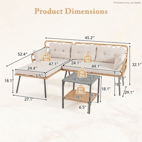 Resenkos Patio Furniture Sets,Outdoor & Patio Furniture Sets,3 Pieces Corner Patio Furniture with Small Coffee Table-Beige