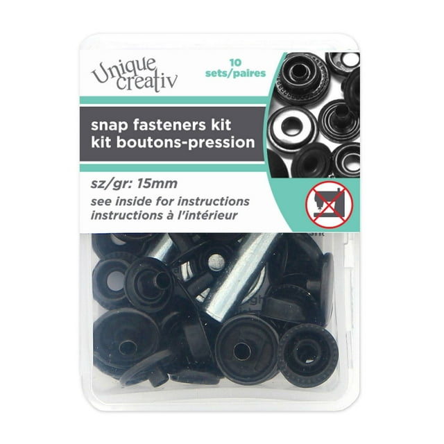 Ens. boutons-pression/outil sans couture Unique Creativ de 15 mm en noir