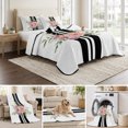 thumbnail image 6 of Full Quilt Set 78''x90'', Pink Flowers Lightweight Summer Bedspread Coverlet Set with 2 Pillow Shams, Romantic Floral Leaves Black Striped Breathable All Season Quilt Bedding for Bedroom/Guest Room, 6 of 9