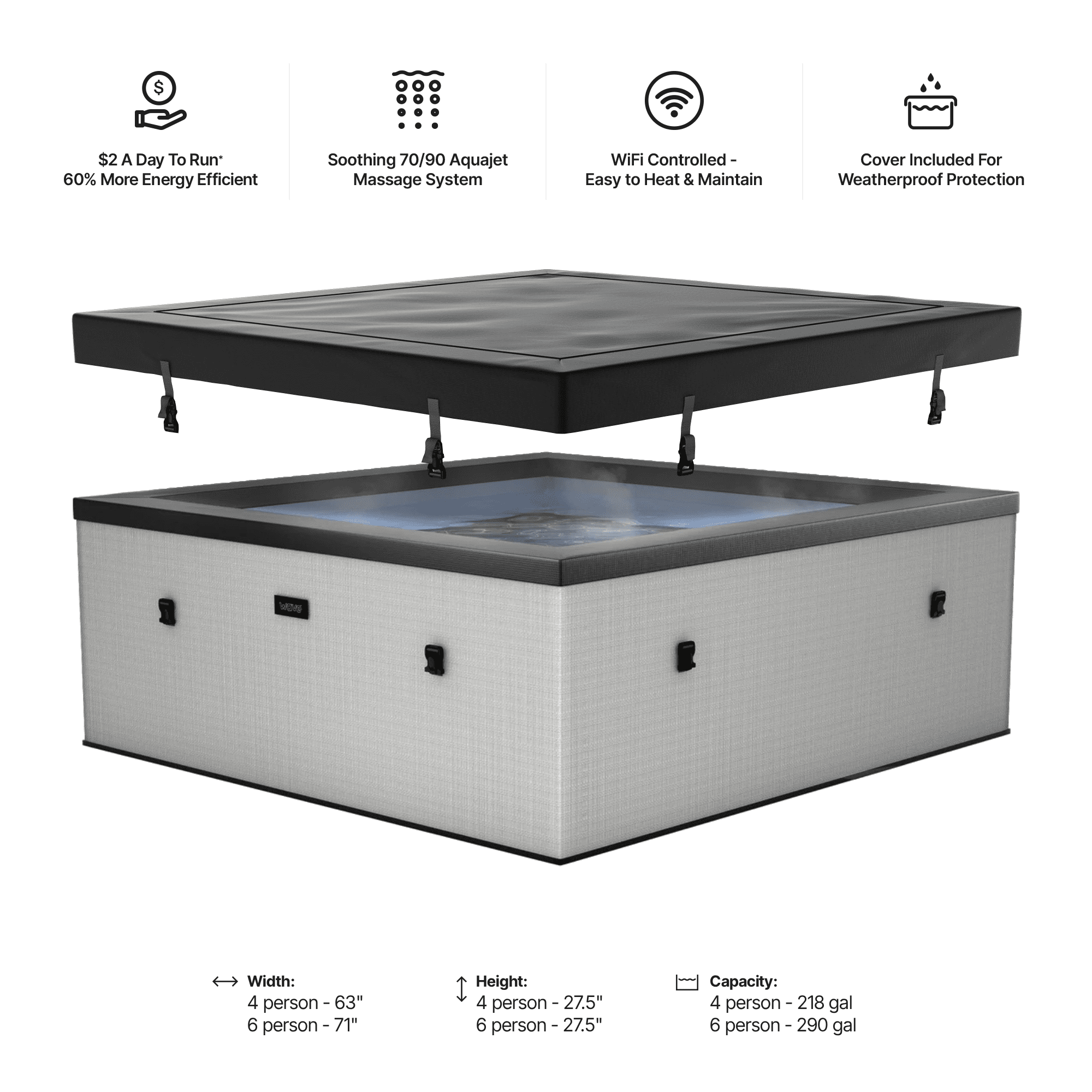 Wave Garda 6-Person Square Eco Foam Hot Tub, EnergySave Bundle | 90-Jet Spa | Graphite Gray