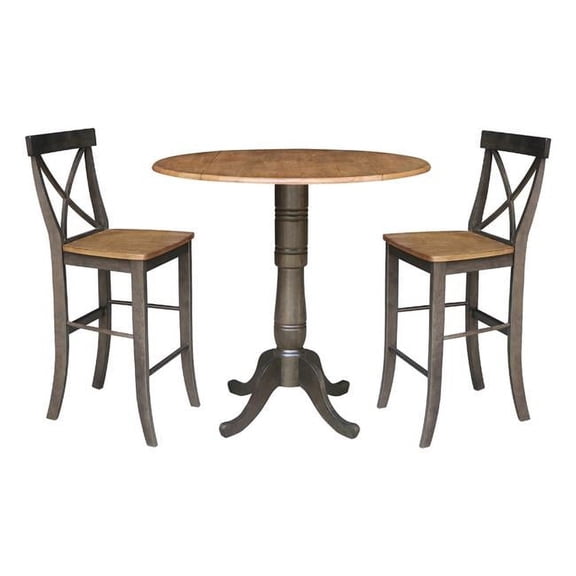 International Concepts K45-42DPT-S6133-2 42 in. Round Dual Drop Leaf Bar Height Dining Table with 2 X-back Stools - 3 Piece Set - Hickory & Washed Coal