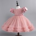 thumbnail image 2 of Birthday Party Dress for Girls, Short Sleeve Ruffled Lace Round-Neck Embroidery Mesh Princess Bow Skirt in Pink, Size 80 cm, Lightweight Polyester-Spandex Blend, 2 of 8