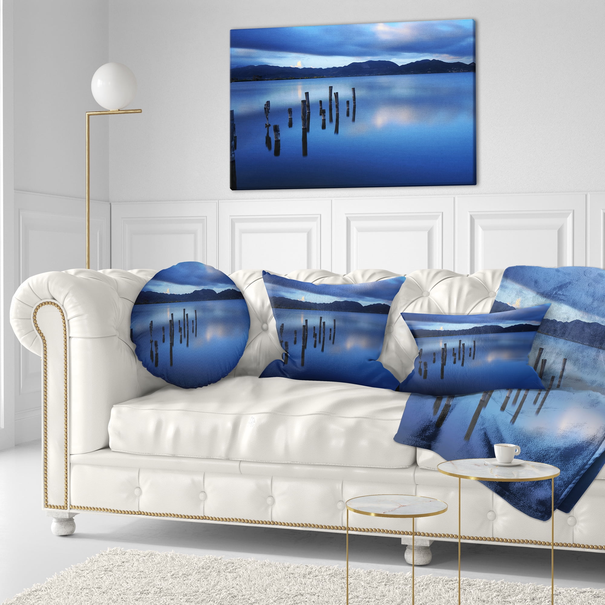 Designart Dark Blue Sea with Pier Remains - Seascape Throw Pillow - 12x20