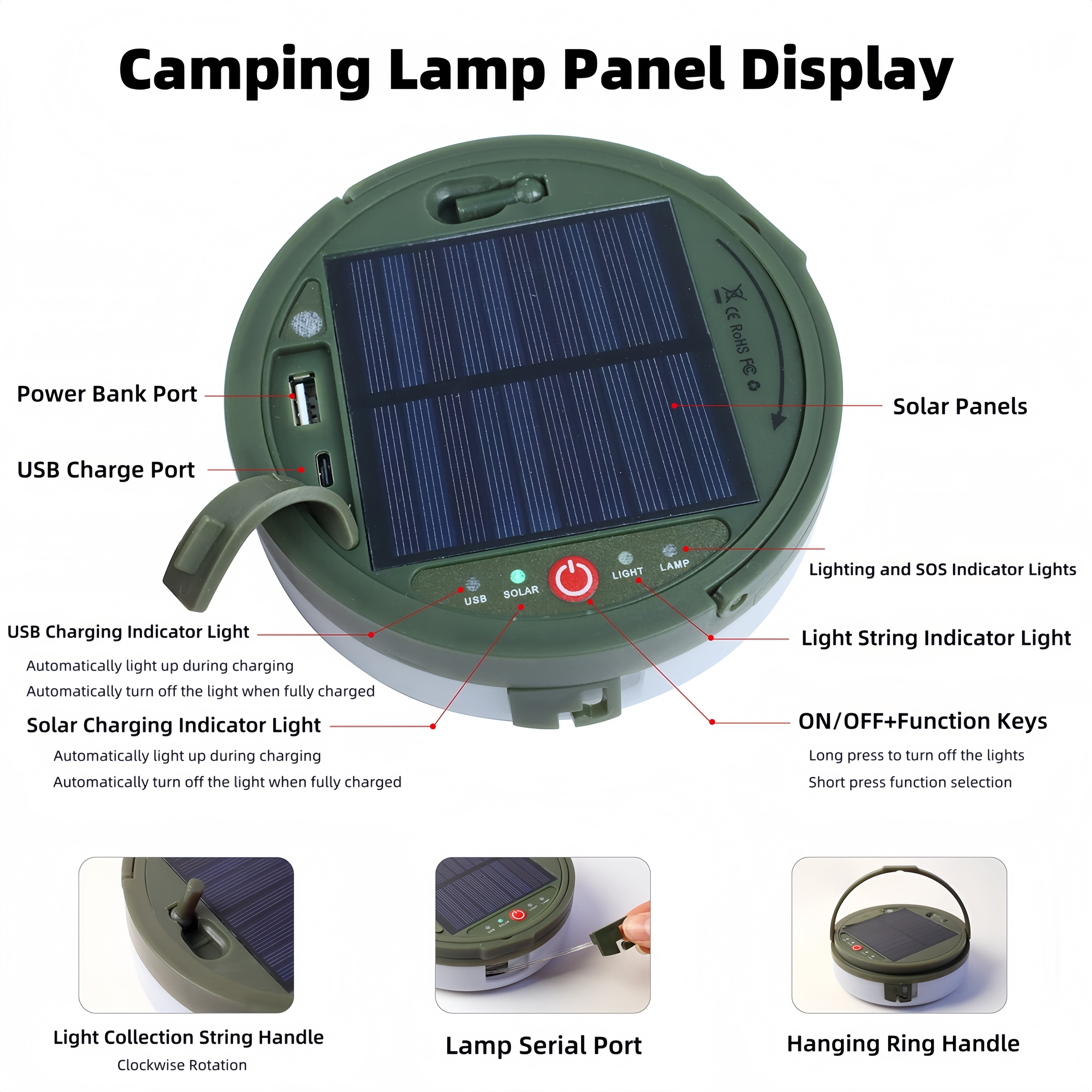 Solar Camping String Lights,Portable Waterproof Camping Lamp,32.8FT Fairy String Lights 100 LEDs with 8 Lighting Modes, Hanging Rechargeable Tent Lantern for Awning Garden Party Decor-Remote Control
