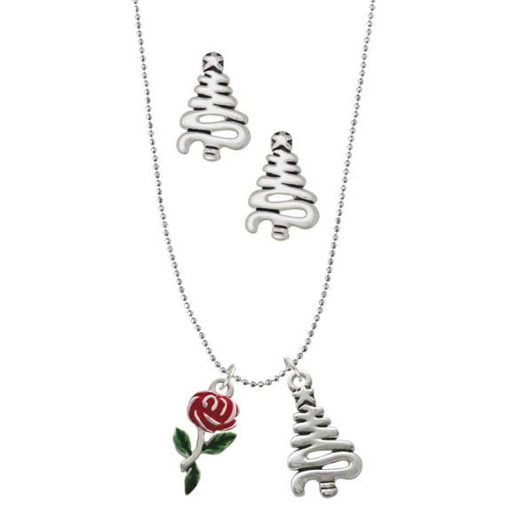 Delight Jewelry Silvertone Red Rose Flower Silver tone Zig Zag Christmas Tree Charm Necklace and Stud Earrings