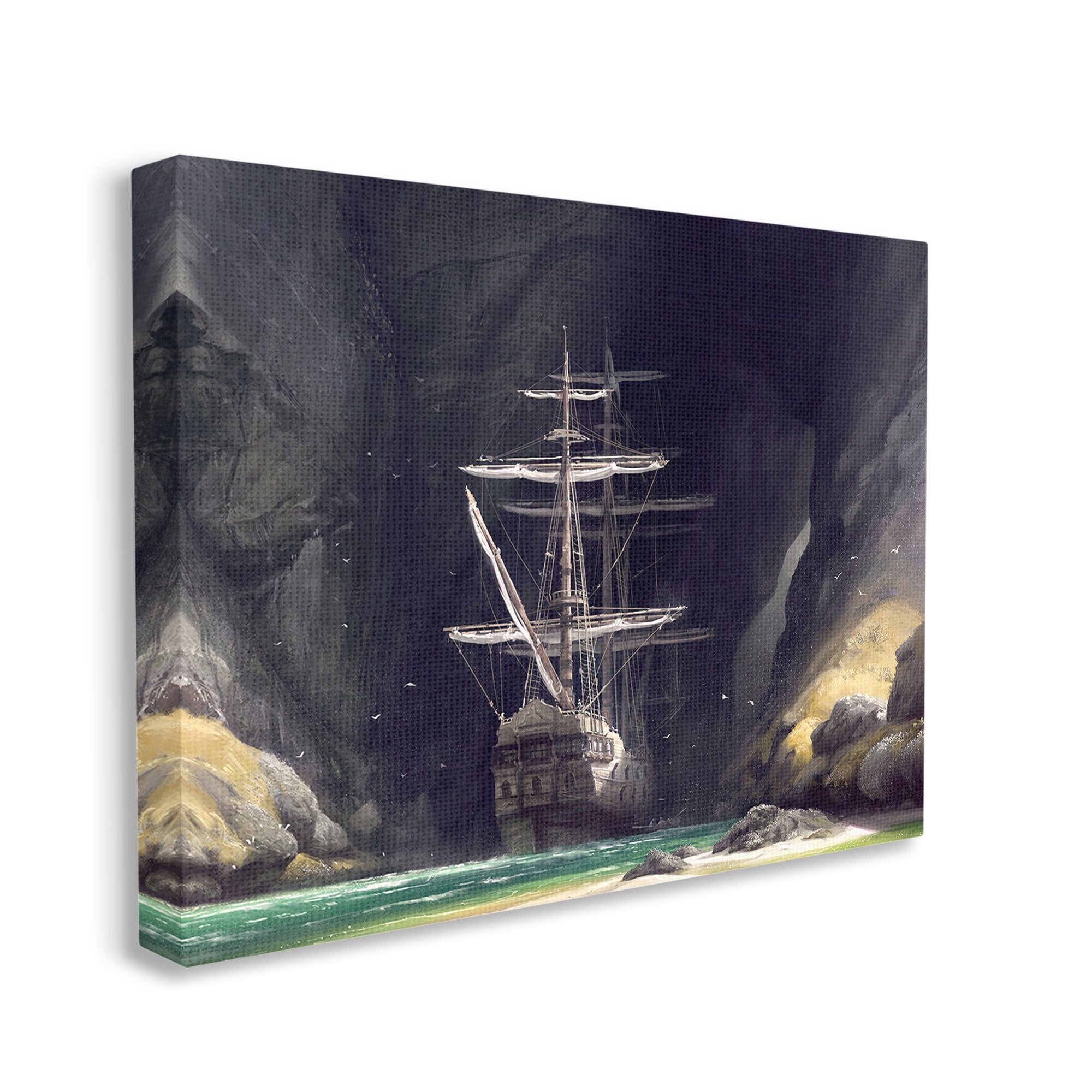 Stupell Industries Mysterious Ship in Cave Transportation Painting Gallery Wrapped Canvas Art Print Wall Art, 30 x 24