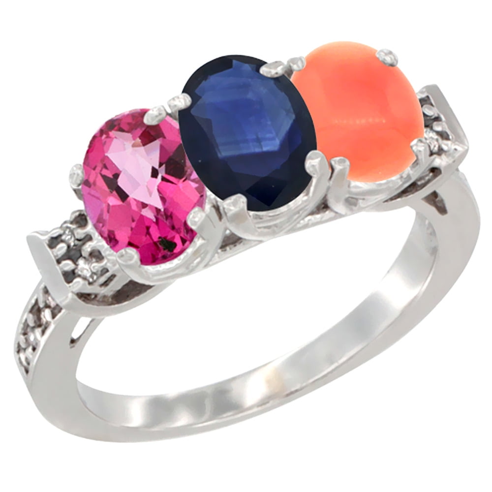10K White Gold Natural Pink Topaz, Blue Sapphire & Coral Ring 3-Stone Oval 7x5 mm Diamond Accent, sizes 5 10 by WorldJewels