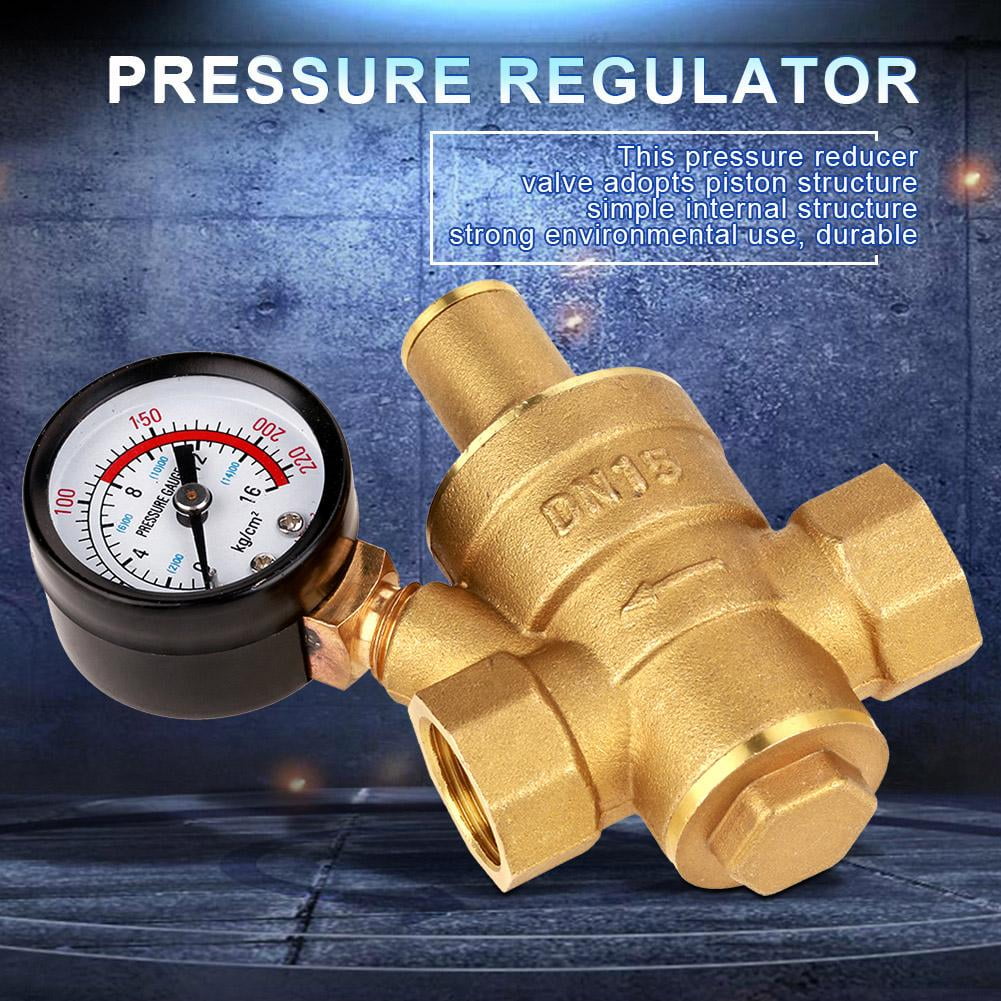 Brass Inline Water Pressure Reducer Valve DN15 Brass Adjustable Water Pressure Regulator Brass Water Pressure Regulator Valve Reducer with Gauge Meter 