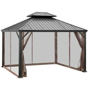 Patiojoy 12ft x 10ft Patio Hardtop Gazebo Double Vented Roof Outdoor Galvanized Steel Sun Shelter Brown