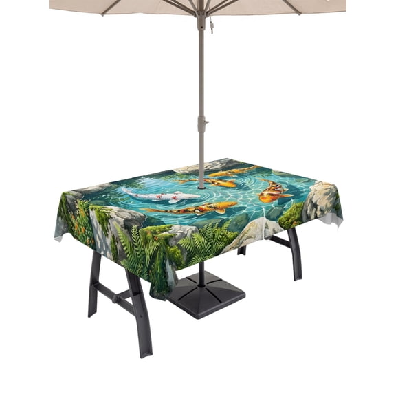 Outdoor Tablecloth with Umbrella Hole for Patio/Picnic/Party/Camping, Golden White Fish Waterproof Table Cloth Rectangle Table Cover Washable, Summer Pond Botanical Lucky (52"x 70")