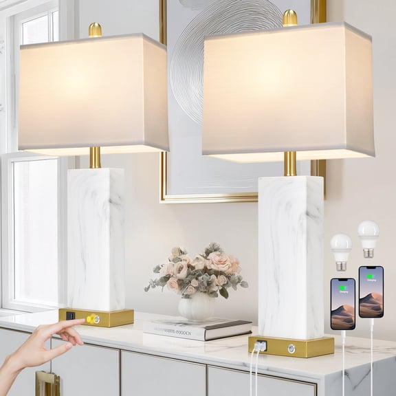 Cinkeda 28.5" Table Lamps Set of 2 Coastal White Ceramic Bedside Lamp with USB C A Ports for Living Room Bedroom Nightstand
