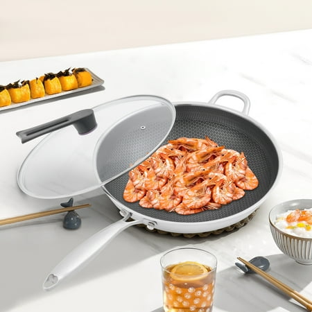 14.2" SUS316, Stir-Fry Pan with Tempered Glass Lid & Nonstick Surface, 7-Layer Induction Compatible Frying Pan for Home & Restaurant