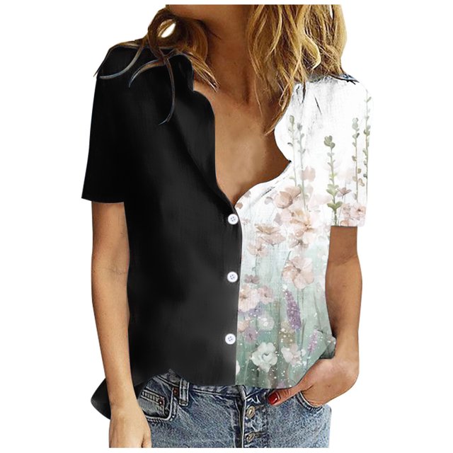 Birdeem T-Shirt Décontracté pour Femmes Imprimé Col Rabattu Bouton Manches Courtes Ample Chandail Blouse Tops