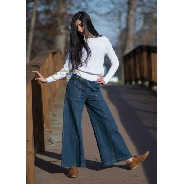 Bukser kollidere Vurdering CUTE LONG WIDE-LEG DENIM PANTS | WOMEN TROUSERS BLUE JEANS (BA005) | WAIST  SIZE = 30" / M / 08 - Walmart.com