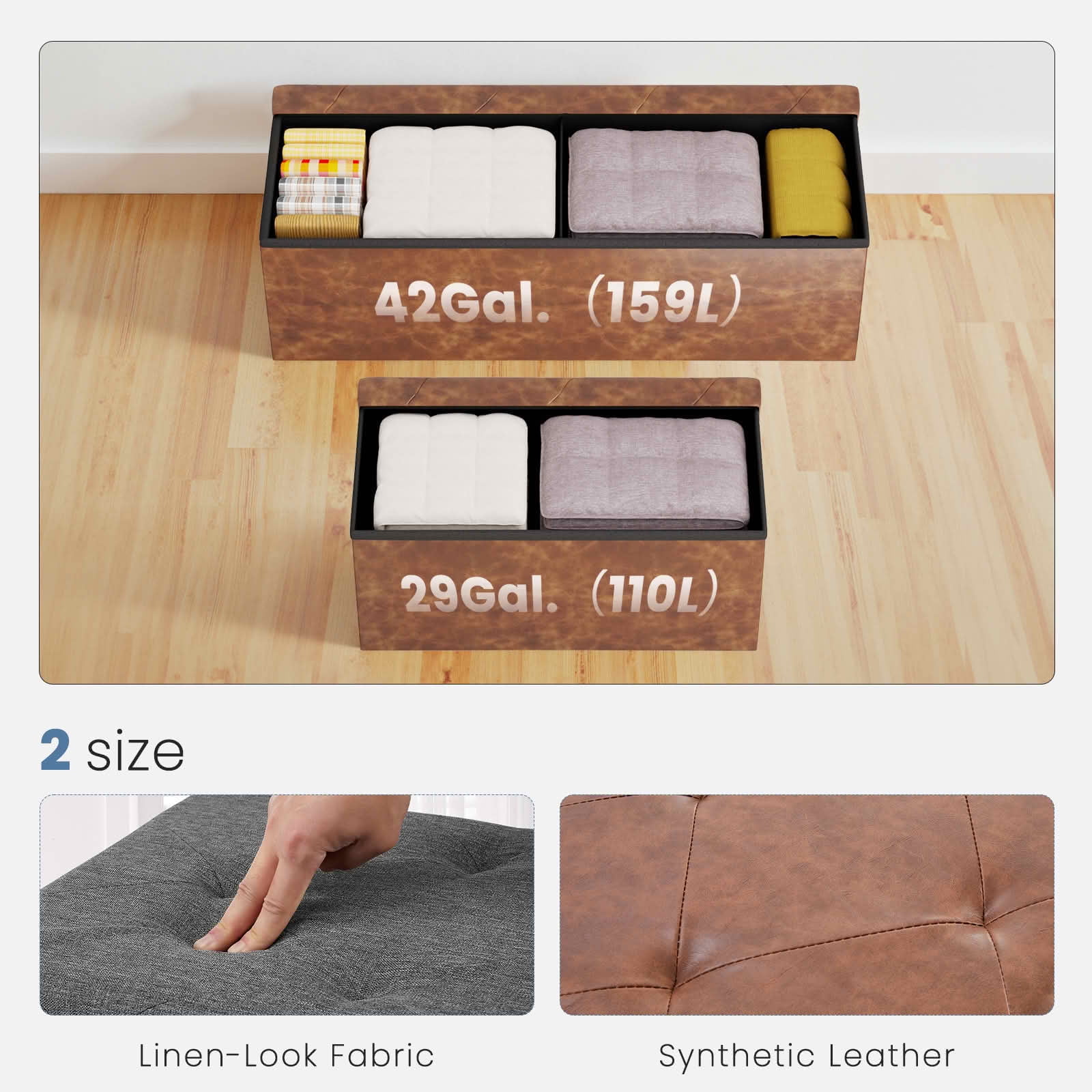 MAYEERTY 43in Foldable Storage Ottoman Foot Rest Stool Synthetic Leather Thicker Foam Seat