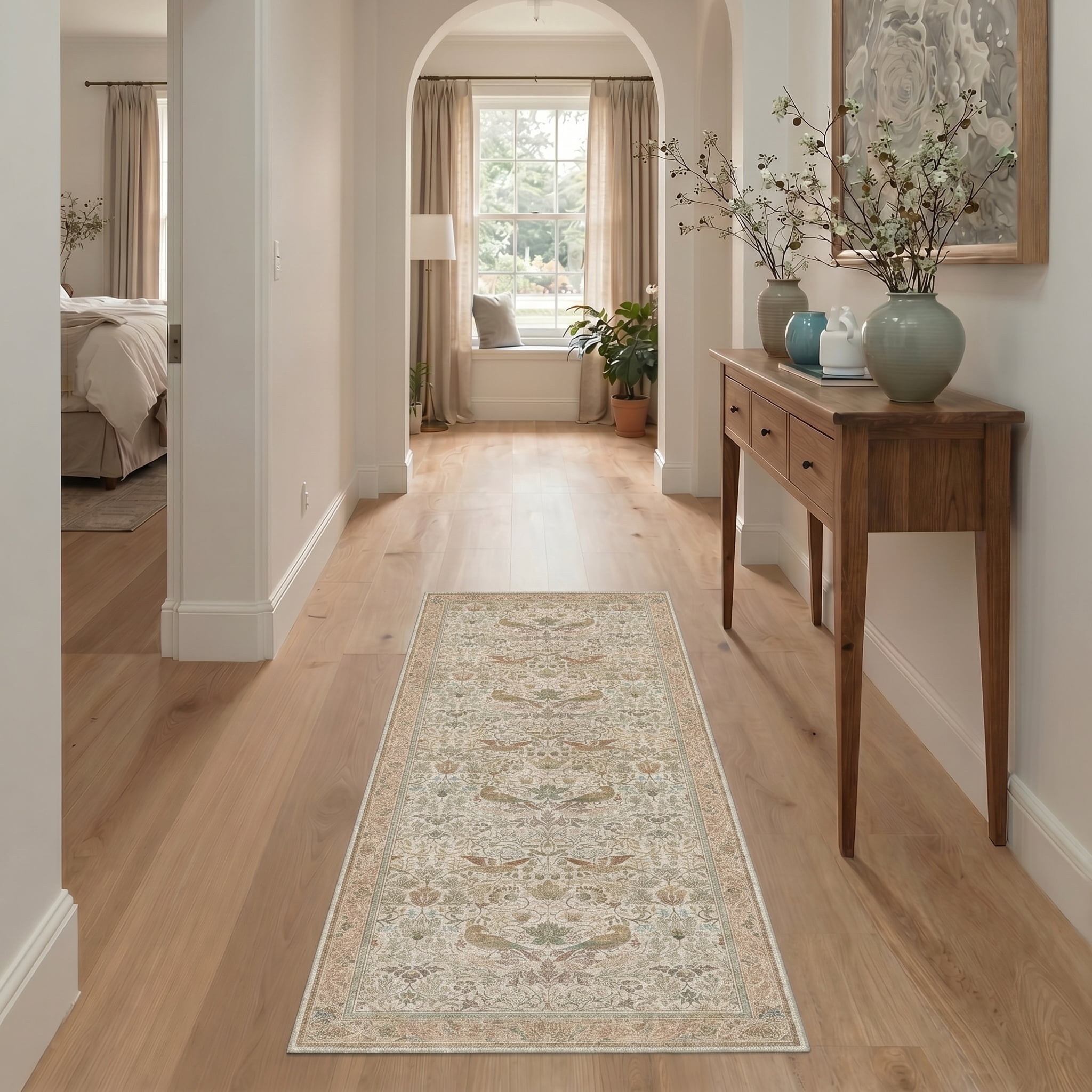 KUETH 8'x10' Vintage Floral Area Rugs for Living Room, Non Slip Machine Washable Forest Bird Rug, Low Pile Print Rug for Bedroom Dining Room Home Office