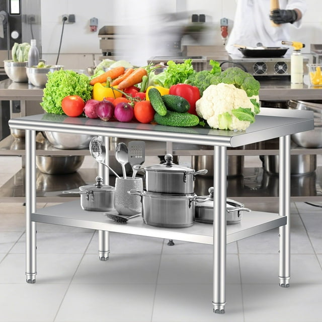 BeesClover 24*48/60*24 Inches Stainless Steel Table for Prep & Work, NSF Metal Commercial Heavy Duty Table with Adjustable Under Shelf and Foot,Backsplash for Restaurant