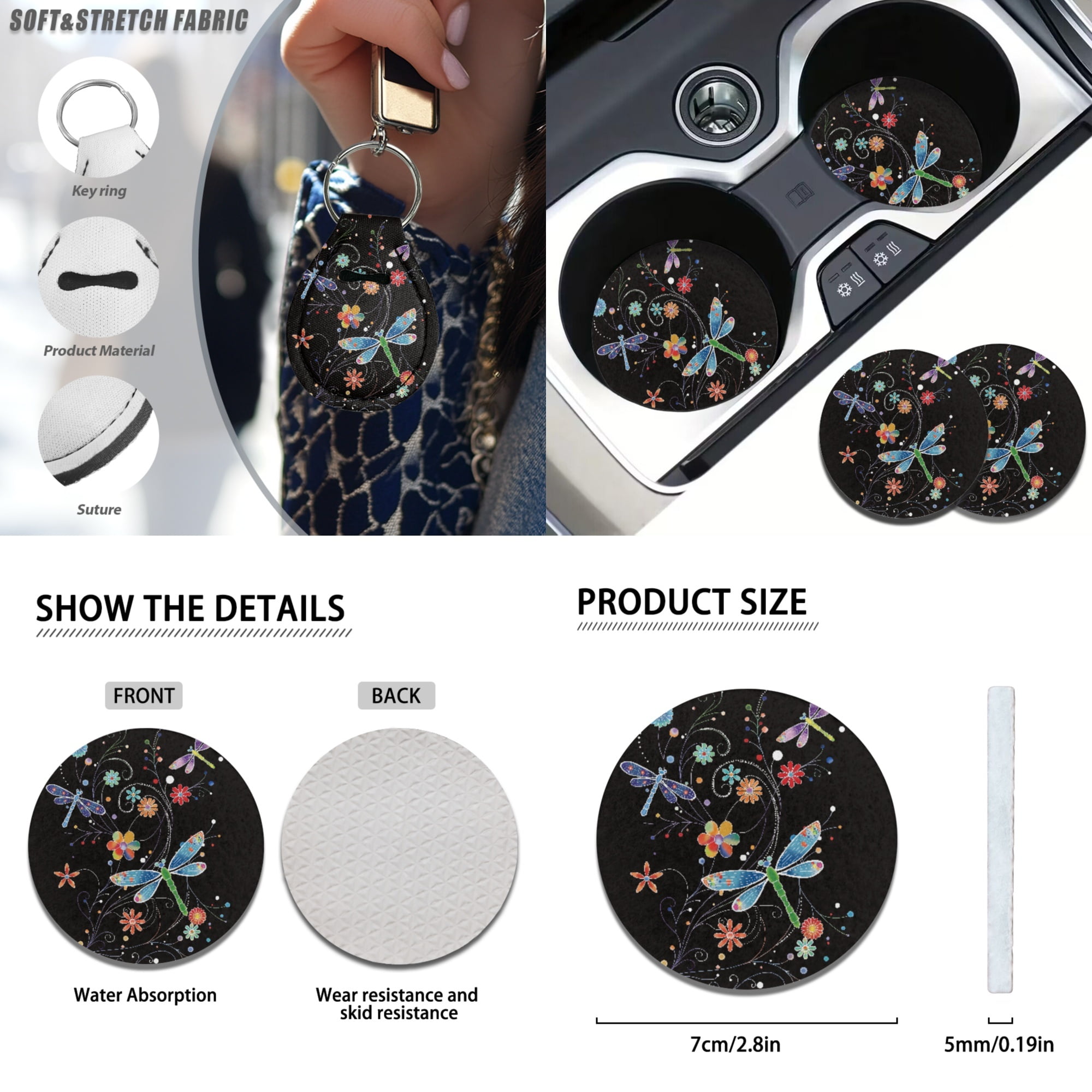 Jeiento Dragonfly Car Accessories Full Set for Women, Automotive Vehicle Seat Cover, Floral Decorative Car Floor Mat Steering Wheel Cover Center Console Pad Fit for SUV Van Truck Sedan