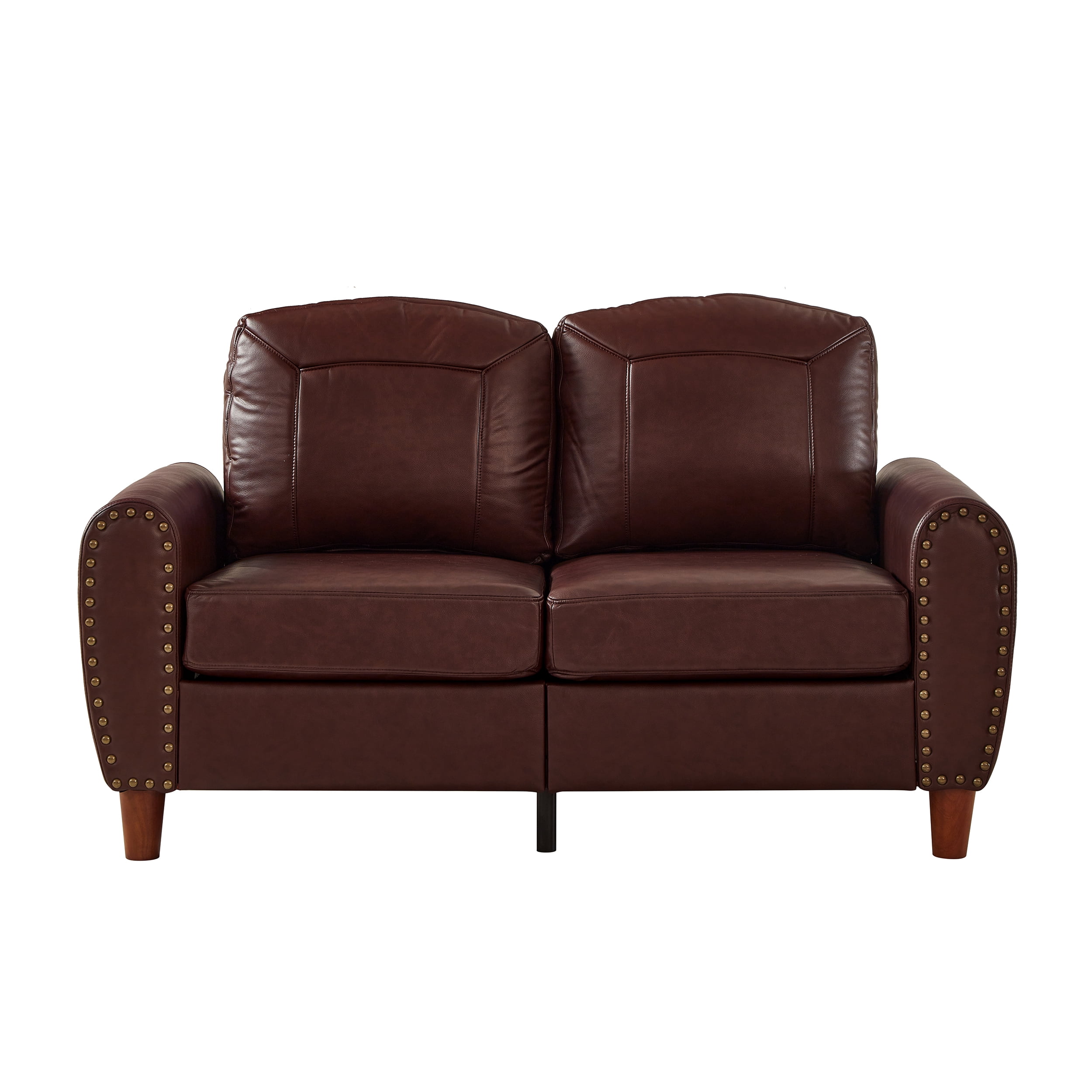 Mid-Century Modern Faux Leather Loveseat Sofa,59"W Classic Rolled Arm 2-Seater Sofa Couch with Brass Nailhead Trim & Solid Wood Legs,Apartment,Living Room Furniture,Burgundy